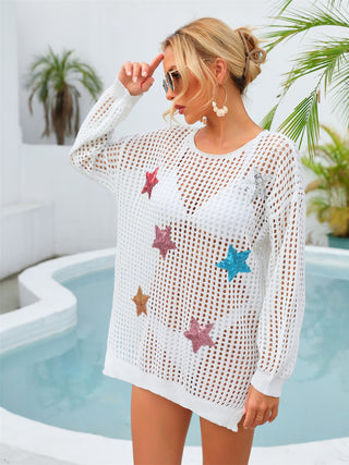 Shop Sequin Star Round Neck Long Sleeve Cover Up Now On Klozey Store - Trendy U.S. Premium Women Apparel & Accessories And Be Up-To-Fashion!