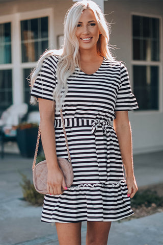 Shop Striped Tie-Waist Frill Trim V-Neck Dress Now On Klozey Store - Trendy U.S. Premium Women Apparel & Accessories And Be Up-To-Fashion!