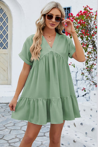 Shop Ruched Tiered V-Neck Short Sleeve Mini Dress Now On Klozey Store - Trendy U.S. Premium Women Apparel & Accessories And Be Up-To-Fashion!