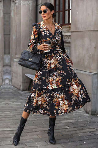 Shop Floral Surplice Tie Front Ruffle Hem Midi Dress Now On Klozey Store - Trendy U.S. Premium Women Apparel & Accessories And Be Up-To-Fashion!