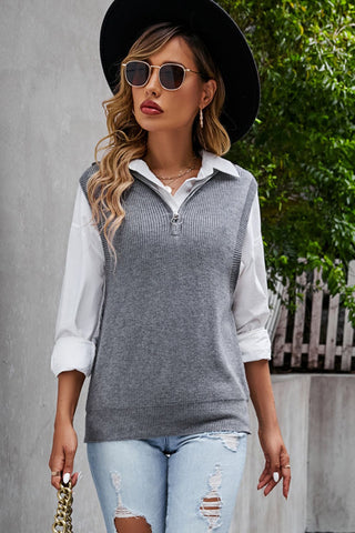 Shop Quarter-Zip Ribbed Sweater Vest Now On Klozey Store - Trendy U.S. Premium Women Apparel & Accessories And Be Up-To-Fashion!