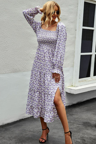 Shop Floral Smocked Square Neck Slit Midi Dress Now On Klozey Store - U.S. Fashion And Be Up-To-Fashion!