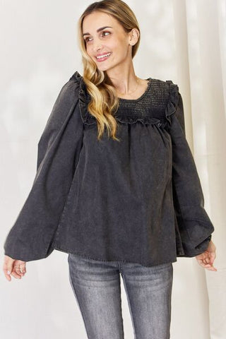 Shop HEYSON Full Size Mineral Wash Smocked Round Neck Blouse Now On Klozey Store - Trendy U.S. Premium Women Apparel & Accessories And Be Up-To-Fashion!