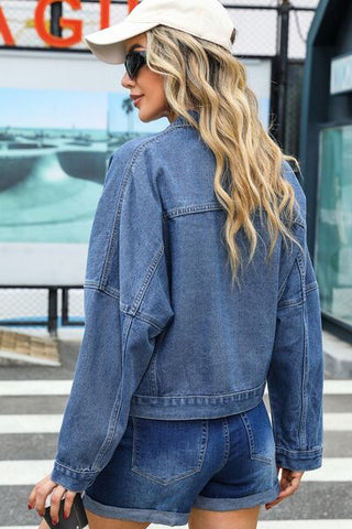 Shop Pocketed Button Up Dropped Shoulder Denim Jacket Now On Klozey Store - Trendy U.S. Premium Women Apparel & Accessories And Be Up-To-Fashion!
