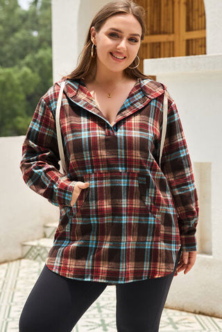 Shop Plus Size Drawstring Plaid Quarter Button Hoodie Now On Klozey Store - Trendy U.S. Premium Women Apparel & Accessories And Be Up-To-Fashion!