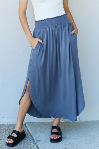 Shop Doublju Comfort Princess Full Size High Waist Scoop Hem Maxi Skirt in Dusty Blue Now On Klozey Store - Trendy U.S. Premium Women Apparel & Accessories And Be Up-To-Fashion!