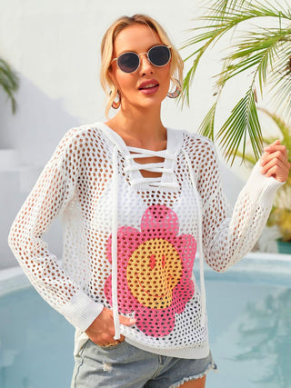 Shop Flower Graphic Lace-Up Openwork Hooded Cover Up Now On Klozey Store - Trendy U.S. Premium Women Apparel & Accessories And Be Up-To-Fashion!
