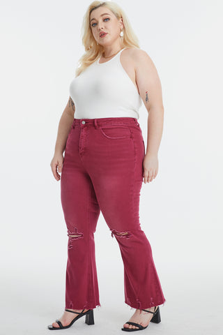 Shop BAYEAS Full Size High Waist Distressed Raw Hem Flare Jeans Now On Klozey Store - Trendy U.S. Premium Women Apparel & Accessories And Be Up-To-Fashion!