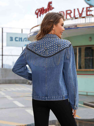 Shop Studded Fringe Button Down Denim Jacket Now On Klozey Store - Trendy U.S. Premium Women Apparel & Accessories And Be Up-To-Fashion!