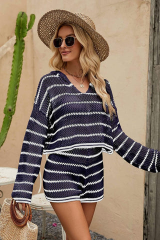 Shop Striped Openwork Knit Hoodie and Shorts Set Now On Klozey Store - U.S. Fashion And Be Up-To-Fashion!
