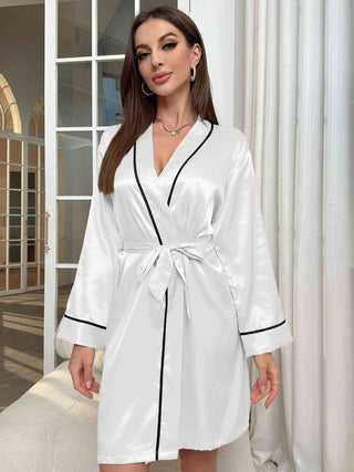 Shop Tie Waist Surplice Neck Robe Now On Klozey Store - Trendy U.S. Premium Women Apparel & Accessories And Be Up-To-Fashion!