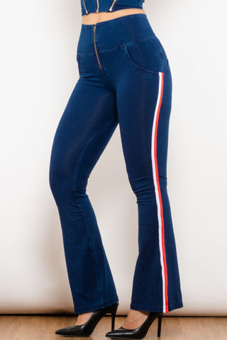 Shop Side Stripe Zip Closure Bootcut Jeans Now On Klozey Store - Trendy U.S. Premium Women Apparel & Accessories And Be Up-To-Fashion!