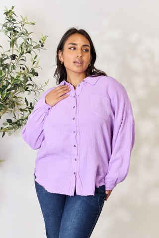 Shop Zenana Full Size Texture Button Up Raw Hem Long Sleeve Shirt Now On Klozey Store - U.S. Fashion And Be Up-To-Fashion!