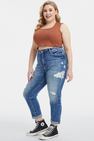 Shop BAYEAS Full Size High Waist Distressed Paint Splatter Pattern Jeans Now On Klozey Store - Trendy U.S. Premium Women Apparel & Accessories And Be Up-To-Fashion!