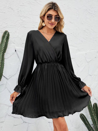 Shop Surplice Flounce Sleeve Pleated Mini Dress Now On Klozey Store - Trendy U.S. Premium Women Apparel & Accessories And Be Up-To-Fashion!