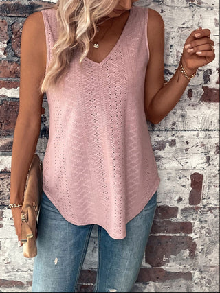 Shop Eyelet V-Neck Curved Hem Tank Now On Klozey Store - Trendy U.S. Premium Women Apparel & Accessories And Be Up-To-Fashion!