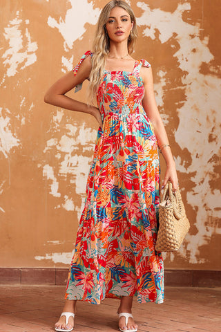 Shop Printed Tie Shoulder Smocked Tiered Maxi Dress Now On Klozey Store - Trendy U.S. Premium Women Apparel & Accessories And Be Up-To-Fashion!
