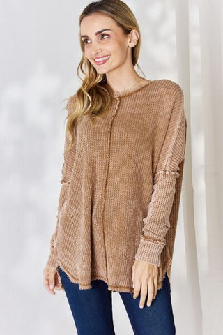 Shop Zenana Oversized Washed Waffle Long Sleeve Top Now On Klozey Store - Trendy U.S. Premium Women Apparel & Accessories And Be Up-To-Fashion!